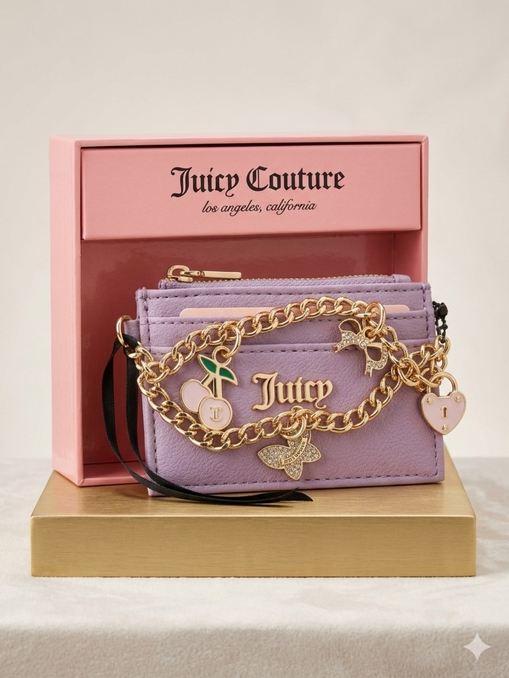 2FER Juicy Couture Pink Tote AND Lilac Card Holder With Gold-Tone Chain Charm - Picture 3 of 4